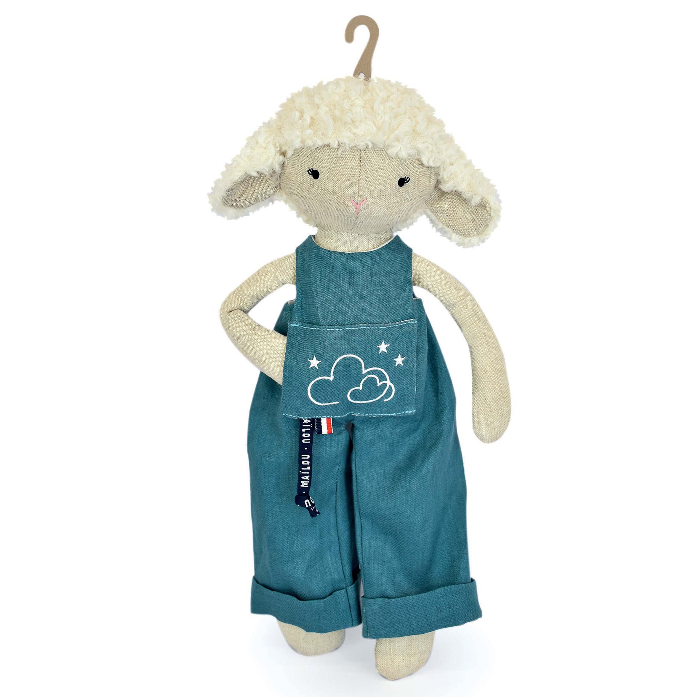 Peluche mouton salopette bleu Perlipopette fabriqué en France