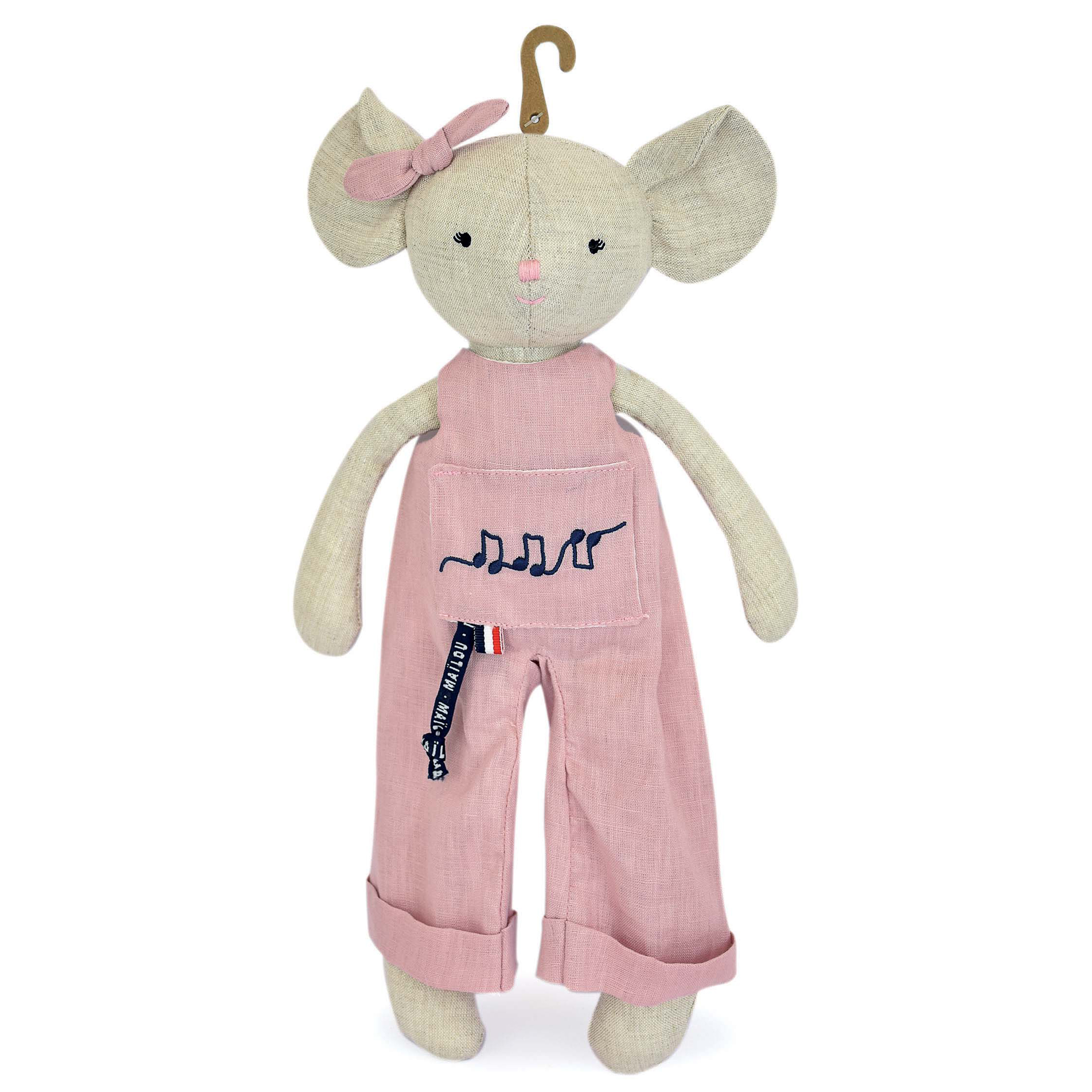 Souris Perlipopette en salopette rose tendre, en lin naturel, peluche déhabillable fabriquée en Bretagne.