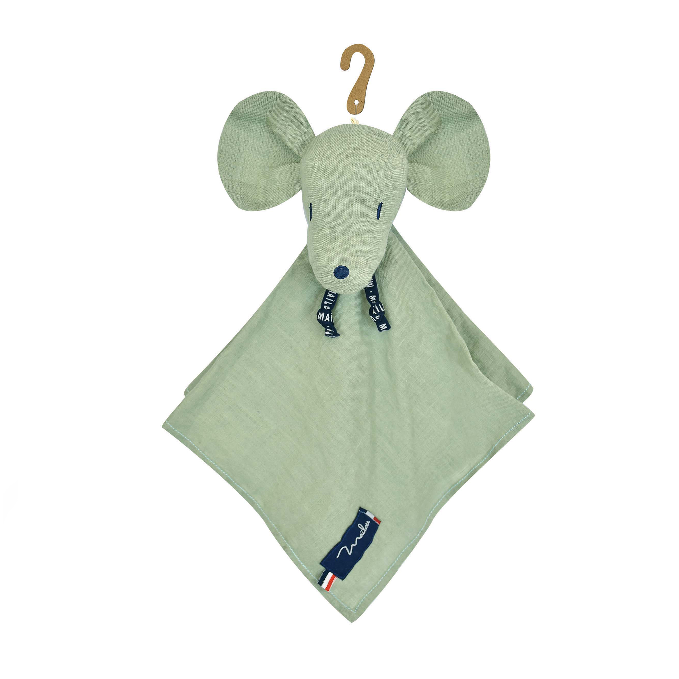 Doudou Souris vert sauge 100% lin fait main Perlipopette