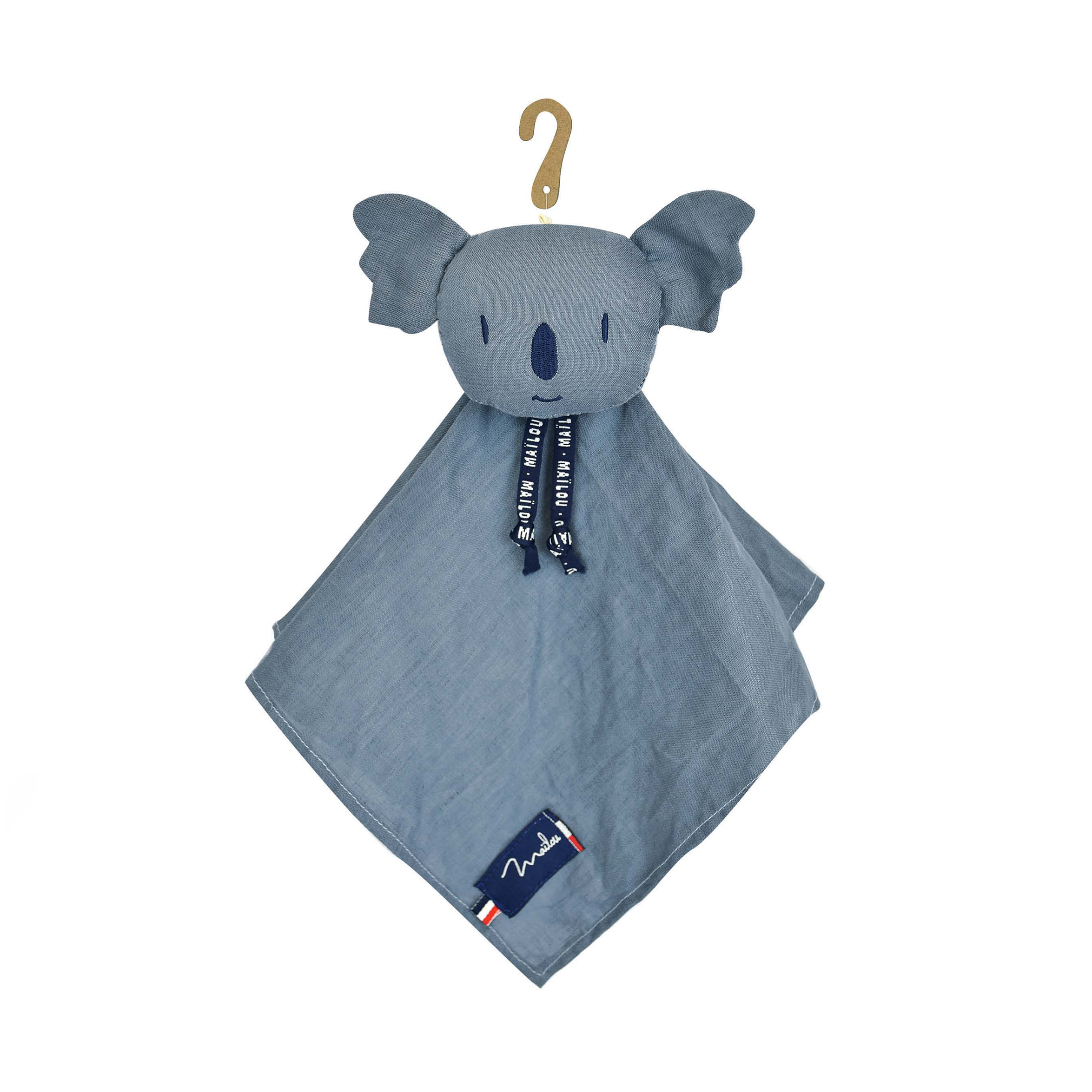 Doudou plat Koala bleu 100 % lin collection Perlipopette