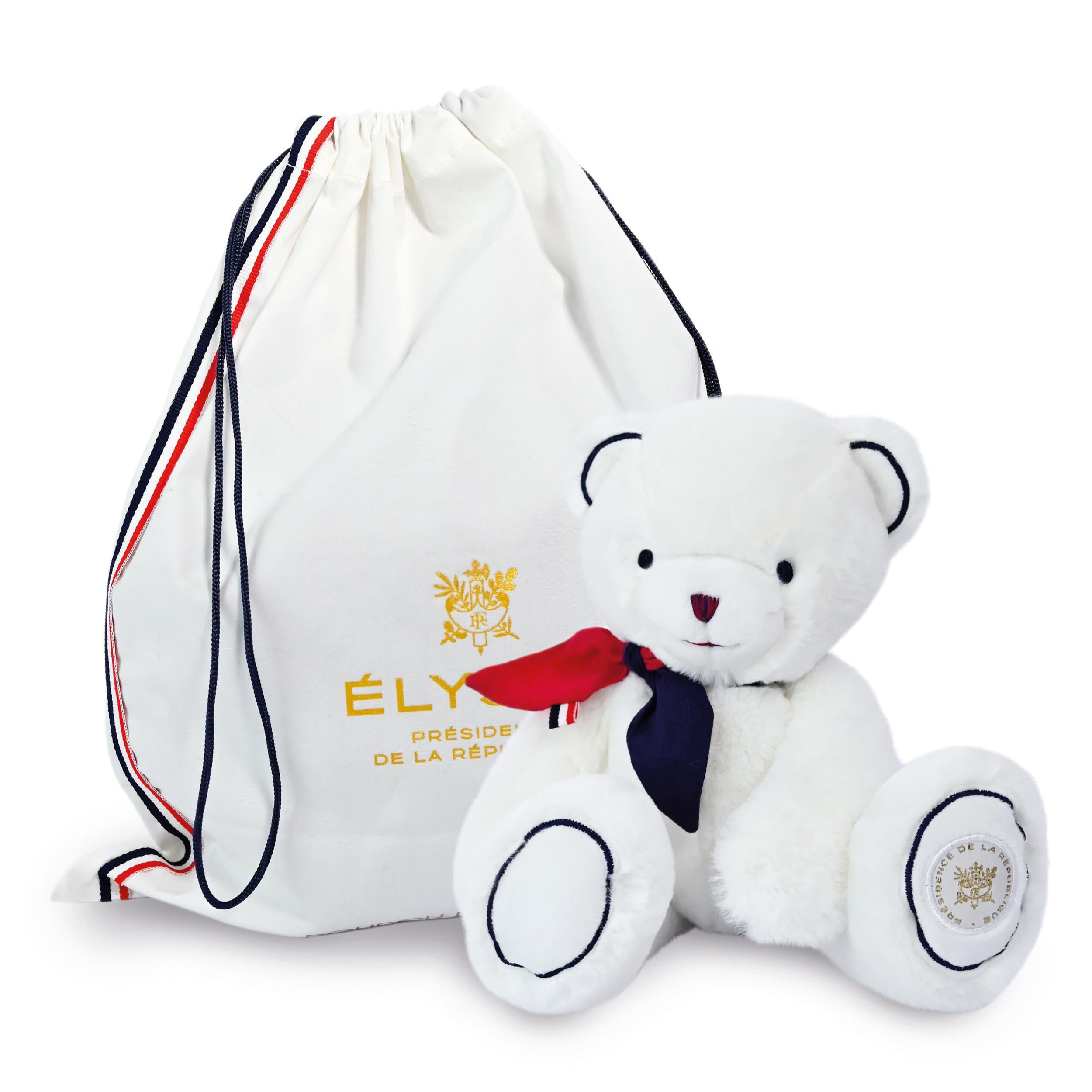 Ours Elysée Pantin avec son sac en tissu Elysée